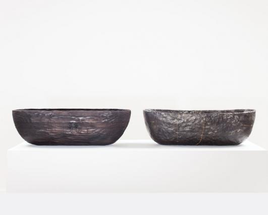 Laminated Pinewood Bowl, Charred. Smolder-fired Earthenware Bowl, Cracked and Mended by Anders Ruhwald