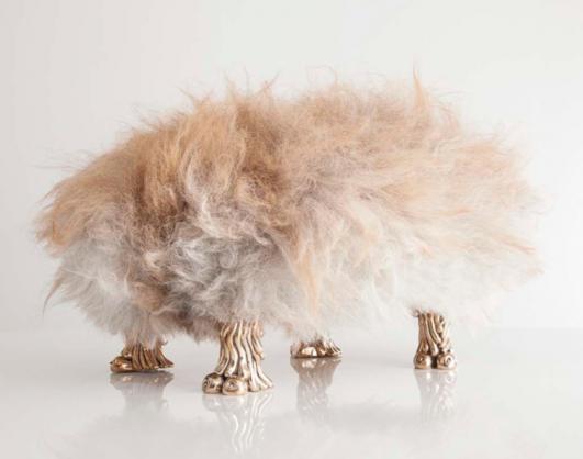 Unique “Ed Bel-fur”, from the Beast series, in brown Icelandic Sheepskin with coyote feet and dong in cast bronze. Designed and made by the Haas Brothers