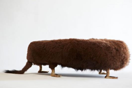 Unique Beast bench with Wyoming Buffalo fur and cast bronze Chester Cheetah feet. Designed and made by The Haas Brothers, Los Angeles, CA, 2013. 