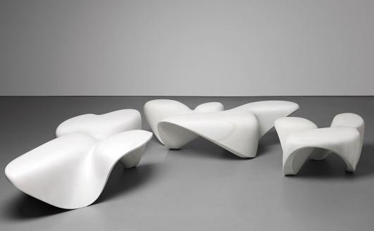 ZAHA HADID Set of three 'Bianco Covelano' low tables, from the 'Mercuric' collection, 2013 - Donated by the Zaha Hadid Foundation  