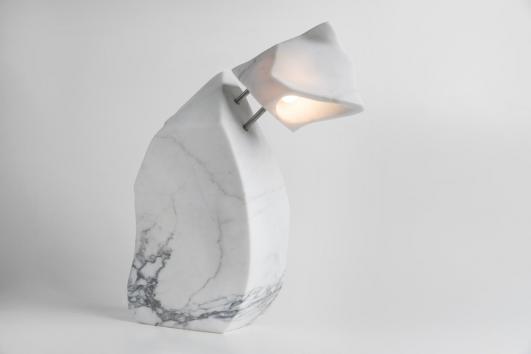 FLOOD SERIES TABLE LAMP HAND CARVED STATUARY MARBLE FABRICATED IN ITALY WITH HAND TURNED AND FORMED STAINLESS STEEL ELEMENTS/ TOUCH DIMMER