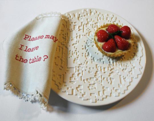 Imogen Luddy - Ceramic Digital Doily plate and napkin, Textiles RCA