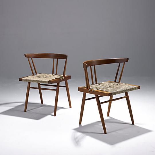 Pair of grass seated chairs in cherry and hickory by GEORGE NAKASHIMA 