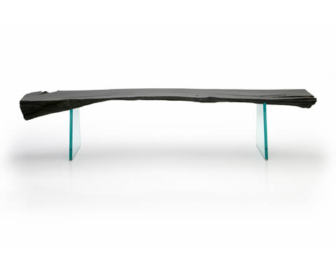 Bog oak and glass bench, 1.85m long, bog oak tree from Conington Fen