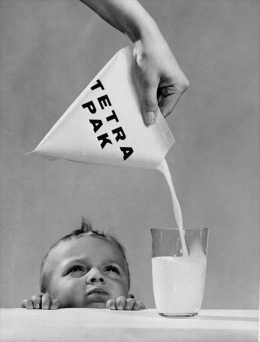 Tetra Pak milk carton advertisement, 1950. The tetrahedron-shaped carton gave the Tetra Pak company its name. Credit: T