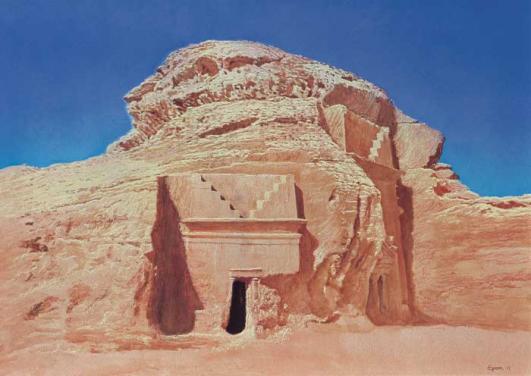 A watercolour of one of the Nabataean tombs at Mada'in Saleh, Nicholas Egon, in the collection of HRH Prince Turki bin Faisal Al