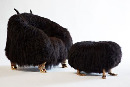 Unique Beast club chair in Icelandic sheepskin with carved wooden horns and cast bronze hoof feet, and Beast stool in Icelandic sheepskin with cast bronze Chester Cheetah feet. Designed and made by The Haas Brothers, Los Angeles, CA, 2013. 