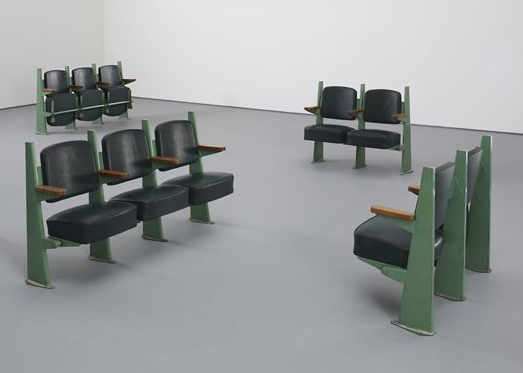 Jean Prouve- Row of three lecture hall chairs with adjustable seats, from the University of Besançon, France, 1953
