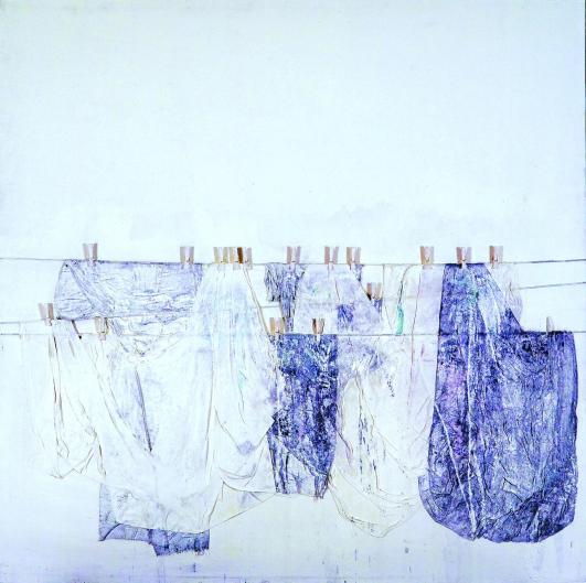 TA53 Tammam AZZAM ‘Laundry Series’ 180 X 180 cm. Mixed Media,Cloths and Cloth Pegs on Canvas 2008