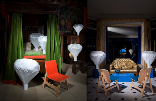 Vapeur lamps by Inga Sempé, Instant seat chauffeuse by Matali Crasset/  Vapeur lamps by Inga Sempé, Instant seat chauffeuse by Matali crasset, Stools and coffee table by Big-Game