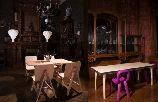 Instant Table Table and Instant seat chauffeuse by Matali Crasset, Vapeur lamps by Inga Sempé/ La belle et le clochard table by François Axambourg, Bold chairs by Big-Game