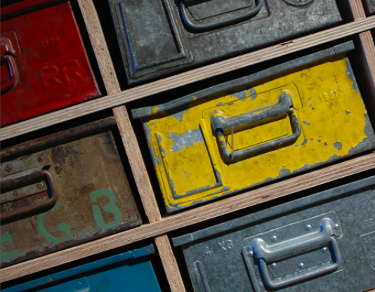 Cupboard - a new life for old zinc boxes, once used in metal industry.