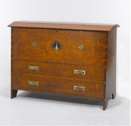 Fine Feathers oak coffer inlaid with pewter & ebony, circa 1898