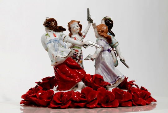'Ring-a-Ring-a-Roses' by Barnaby Barford 2009 – Porcelain, Earthenware, Enamel Paint, Painted Wooden Base, Other Media