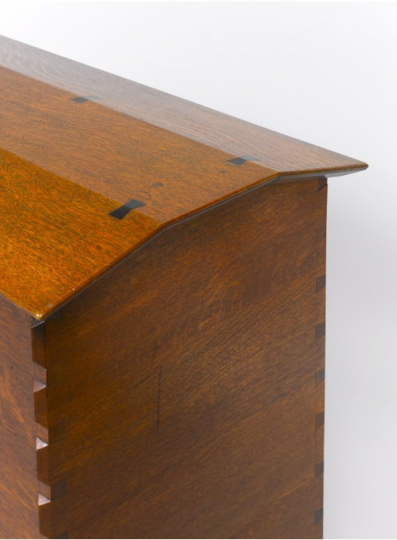 Fine Feathers oak coffer inlaid with pewter & ebony (detail), circa 1898